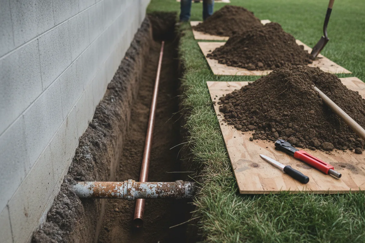 Excavated water line trench during Water Heater Repair in Pope Army Airfield